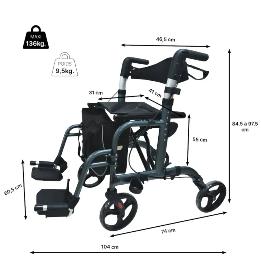 Rollator de Transfert Neo Global 2-en-1 | Déambulateur & Fauteuil