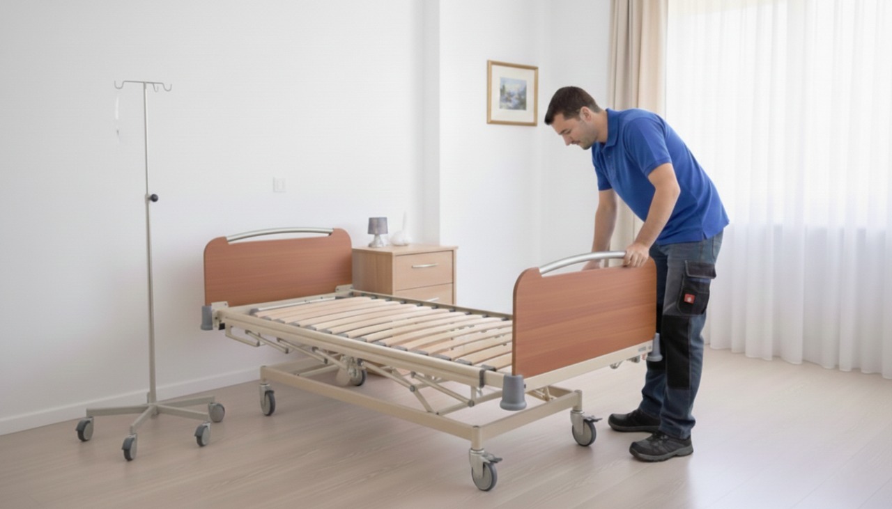 Technicien expert installant un lit médicalisé motorisé dans une chambre à domicile